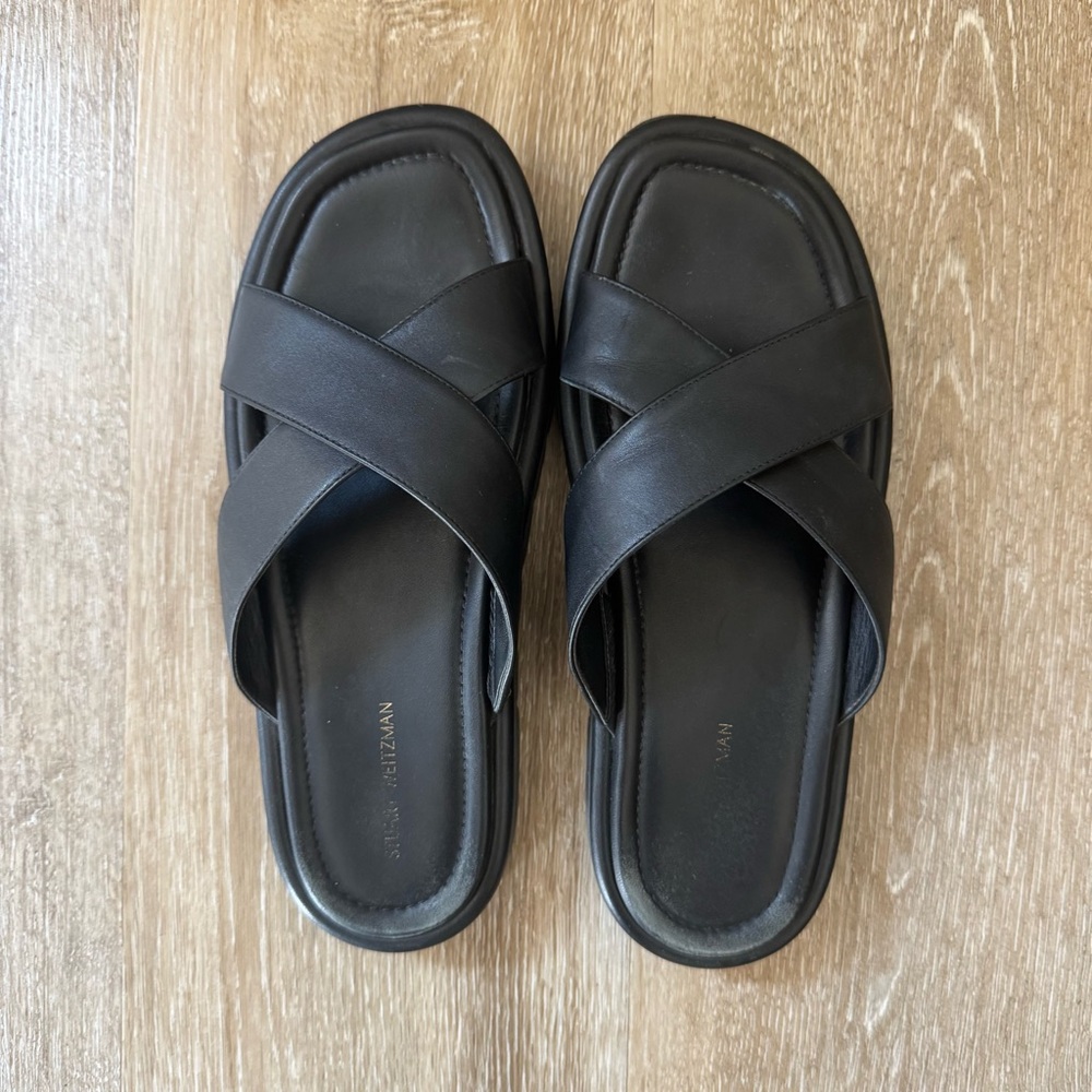 Stuart Wietzman Elodie Crossover Black Leather Slide Sandals Size 7.5
